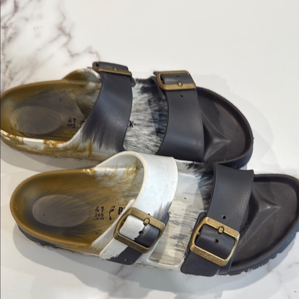 Birkenstock Two-Tone Black and White Arizona Sandals with Brass Buckles